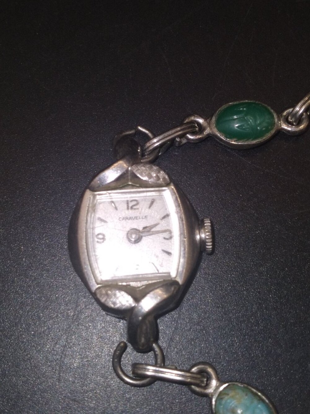 Caravelle Vintage Women's Watch Scarab Semi Precious Stones Band Mechanical